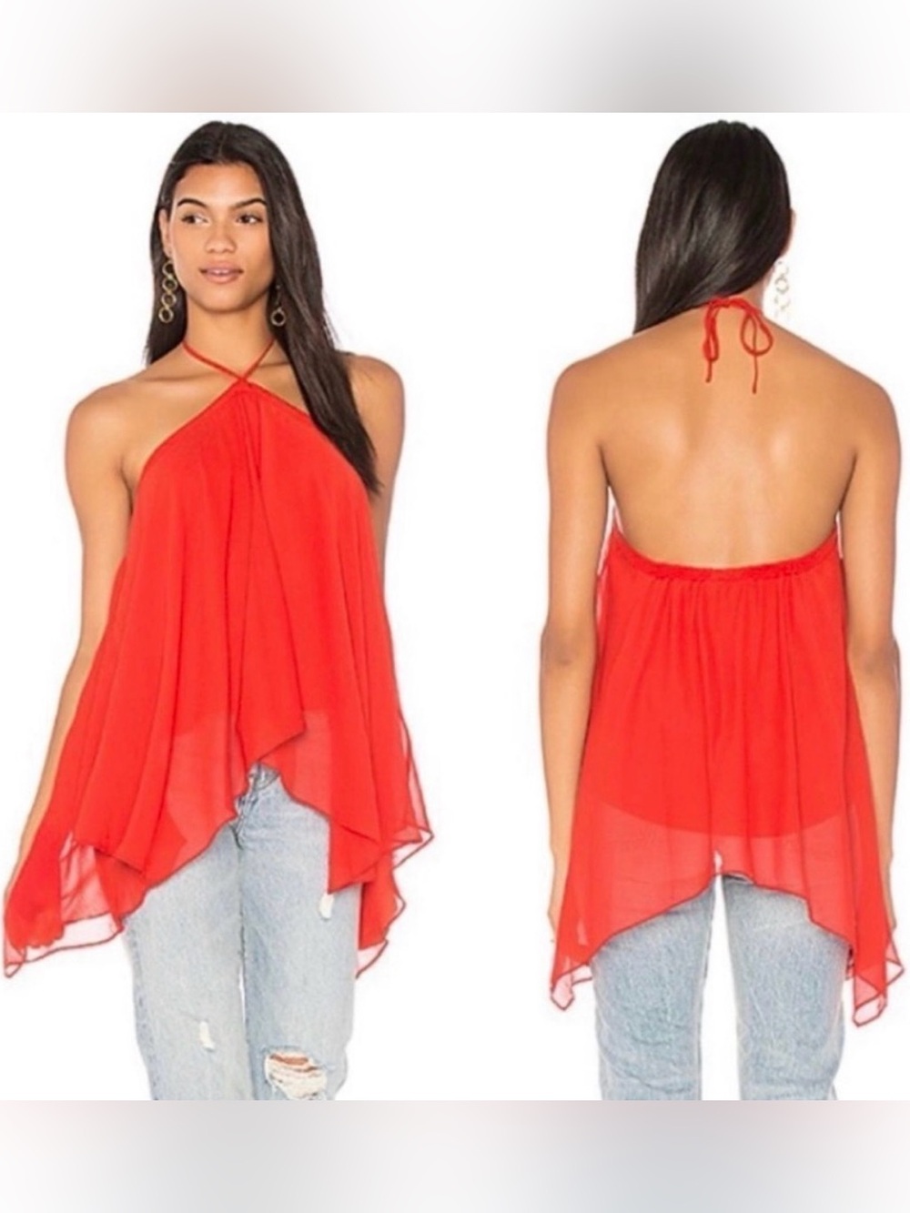 Alice + Olivia Tish Tie-Neck Handkerchief Top Color Poppy Size L